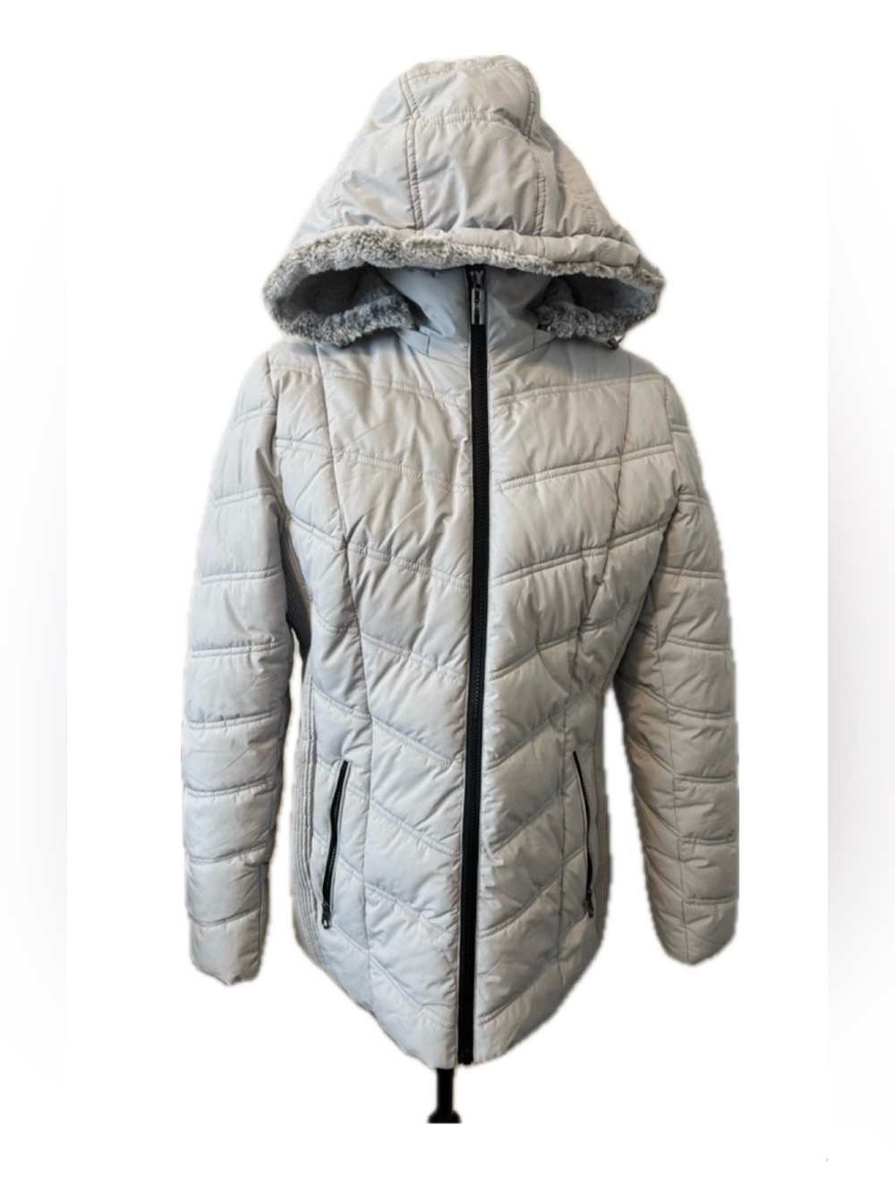 Nautica Quilted Puffer Jacket Faux Fur Hood Gray Coat Lightweight Size Medium